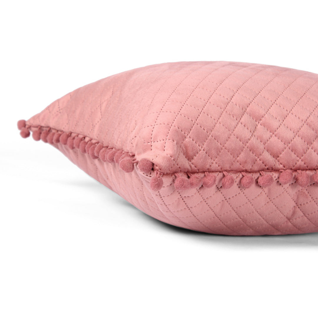 Both Side with PomPom Quilted Velvet Rectangular Cushion Cover (Set of 2), Peach
