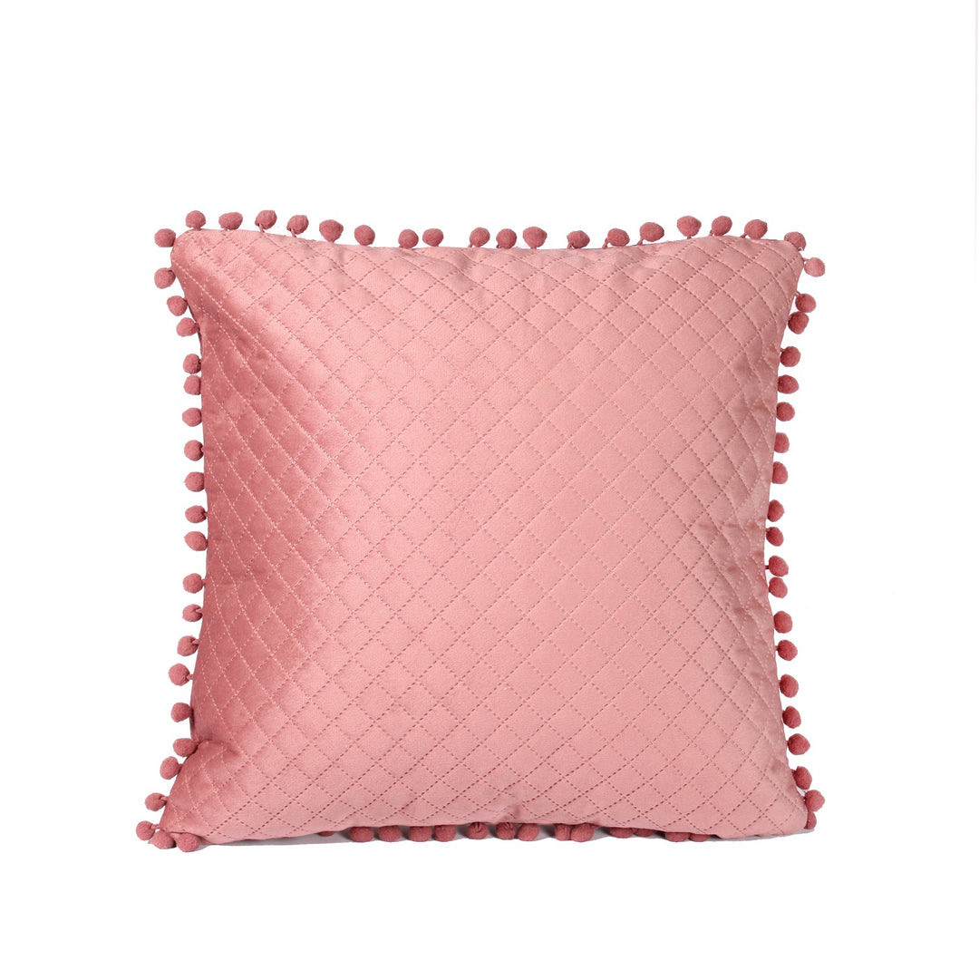 Both Side with PomPom Quilted Velvet Cushion Cover (Set of 2), Peach