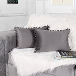 Load image into Gallery viewer, Both Side with PomPom Quilted Velvet Rectangular Cushion Cover (Set of 2), Grey