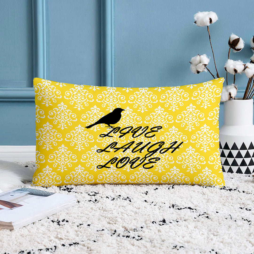 Yellow Bird Floral Printed Canvas Cotton Rectangular Cushion Covers, Set of 2