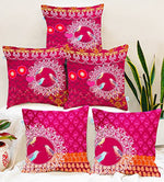 Load image into Gallery viewer, Pink Floral Bird Printed Canvas Cotton Cushion Covers, Set of 5
