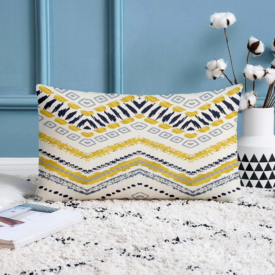 Yellow Geometrical Printed Canvas Cotton Rectangular Cushion Covers, Set of 2