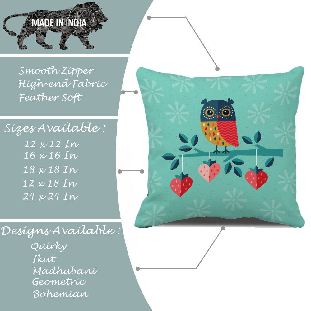 Owl Printed Cotton Canvas Cushion Cover, Pack of 5