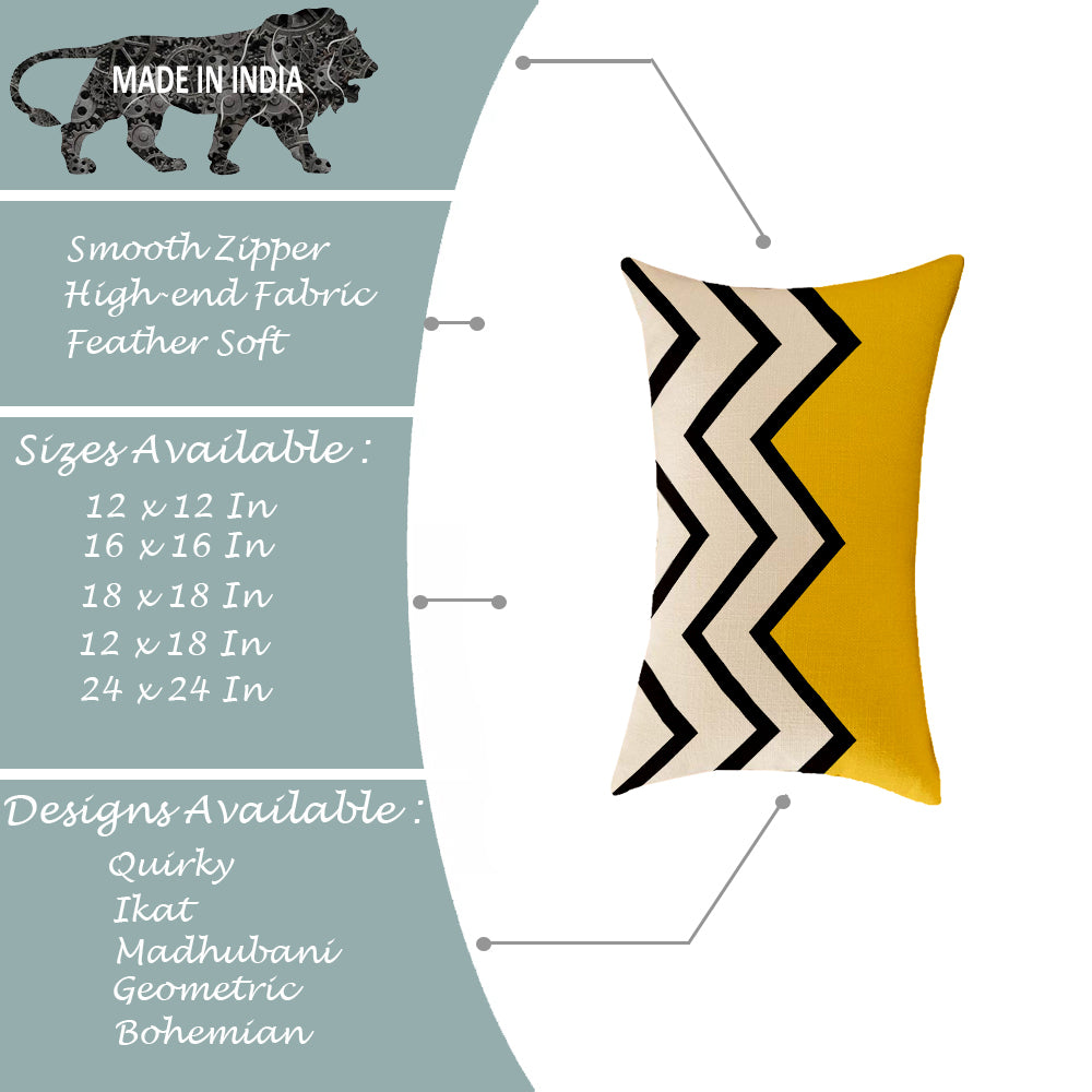 Yellow & Black Geometrical Printed Canvas Cotton Rectangular Cushion Covers, Set of 2