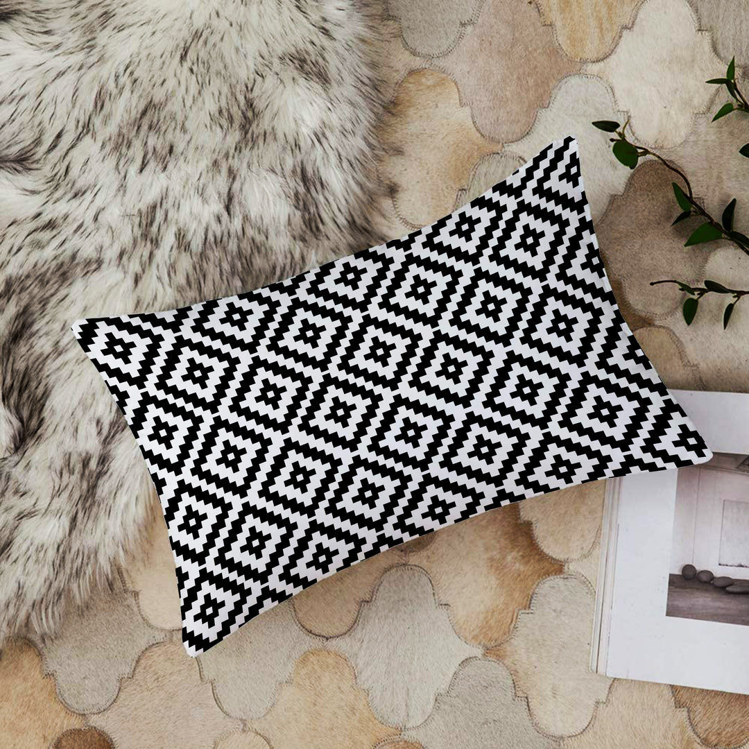 Geometric Black and White Printed Canvas Cotton Rectangular Cushion Cover, Set of 2 ( 12 x 18 Inches )