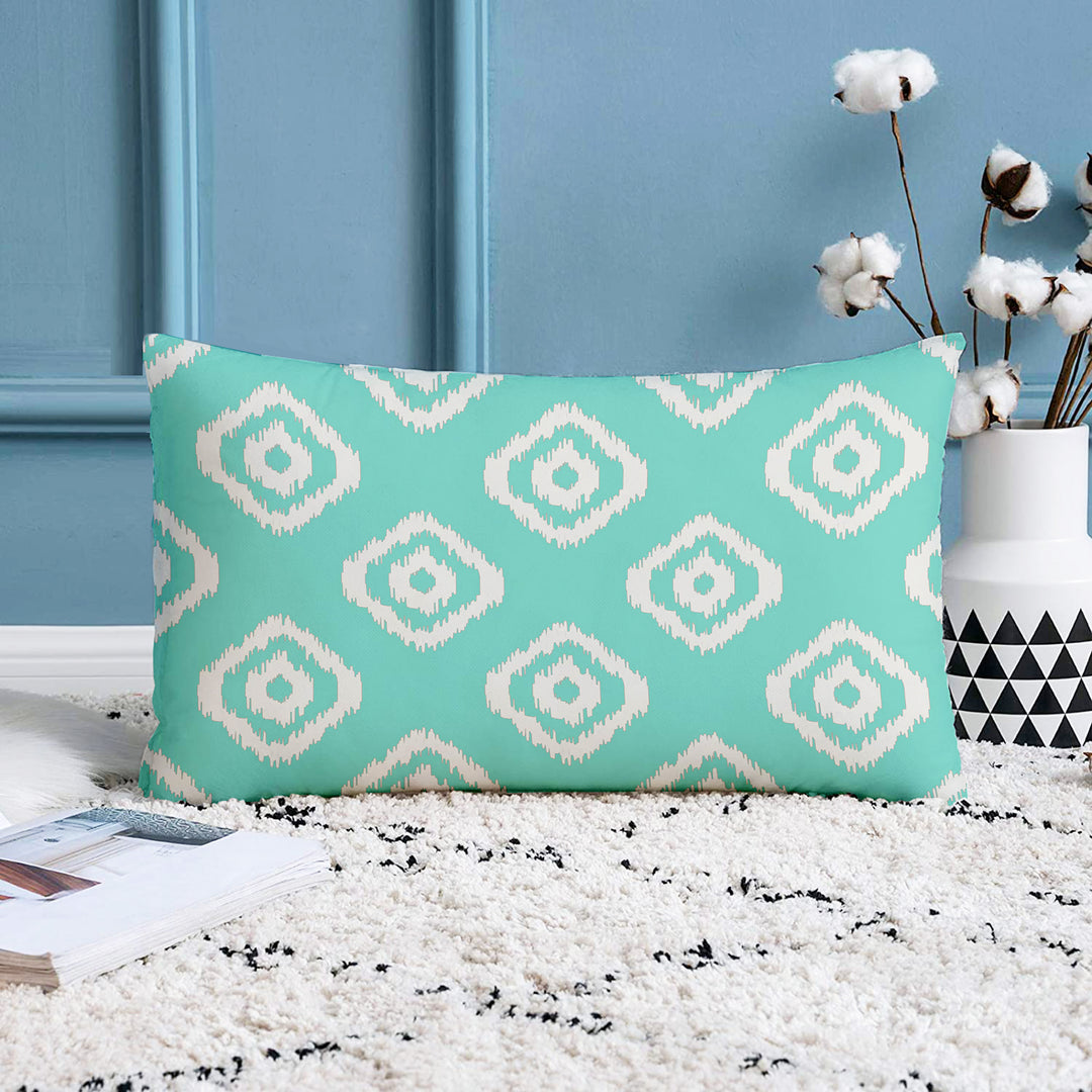 Teal Geometrical Ikat Ethnic Printed Cotton Canvas Rectangular Cushion Covers, Set of 2 (12 x 18 Inches)