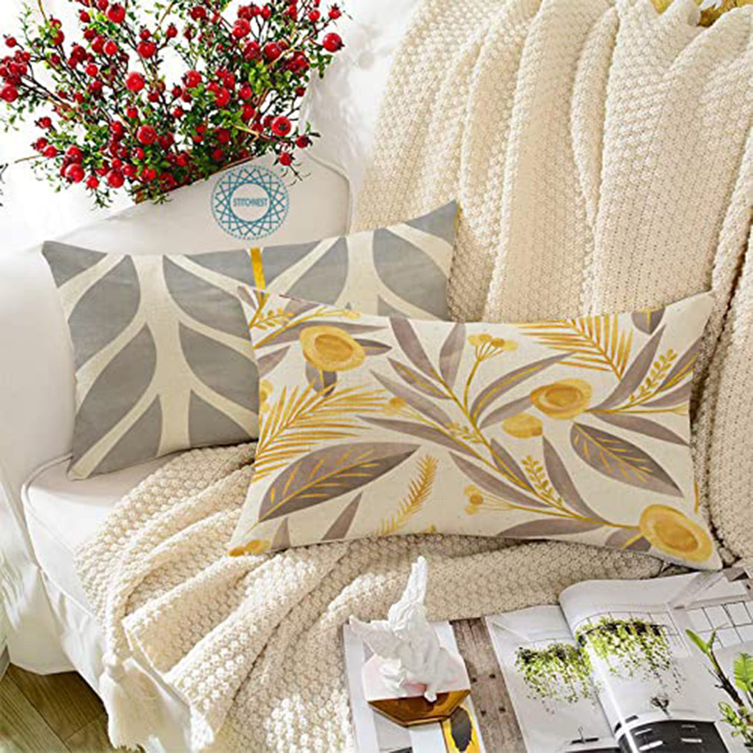 Yellow & Grey Floral Printed Canvas Cotton Rectangular Cushion Covers, Set of 2