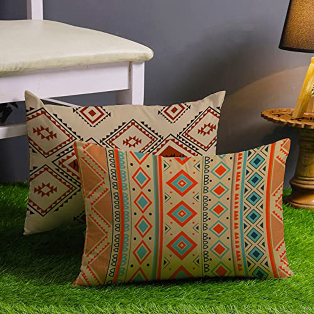 Ethnic Geometrical Printed Canvas Cotton Rectangular Cushion Covers, Set of 2