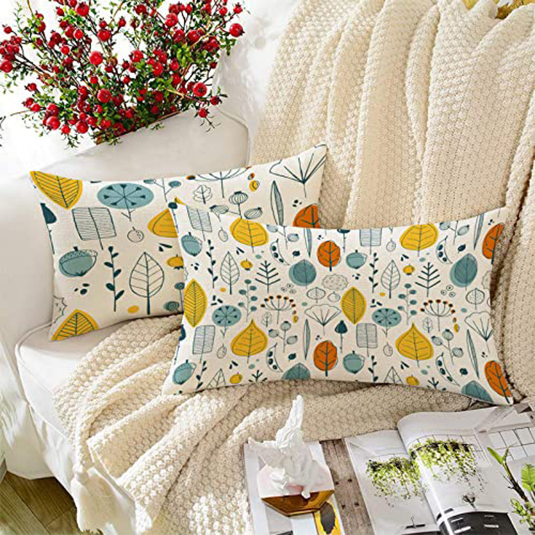 Multi-Color Leaf Printed Canvas Cotton Rectangular Cushion Covers, Set of 2