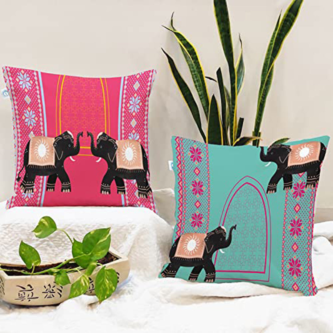 Elephant Printed Cotton Canvas Cushion Covers, Set of 2