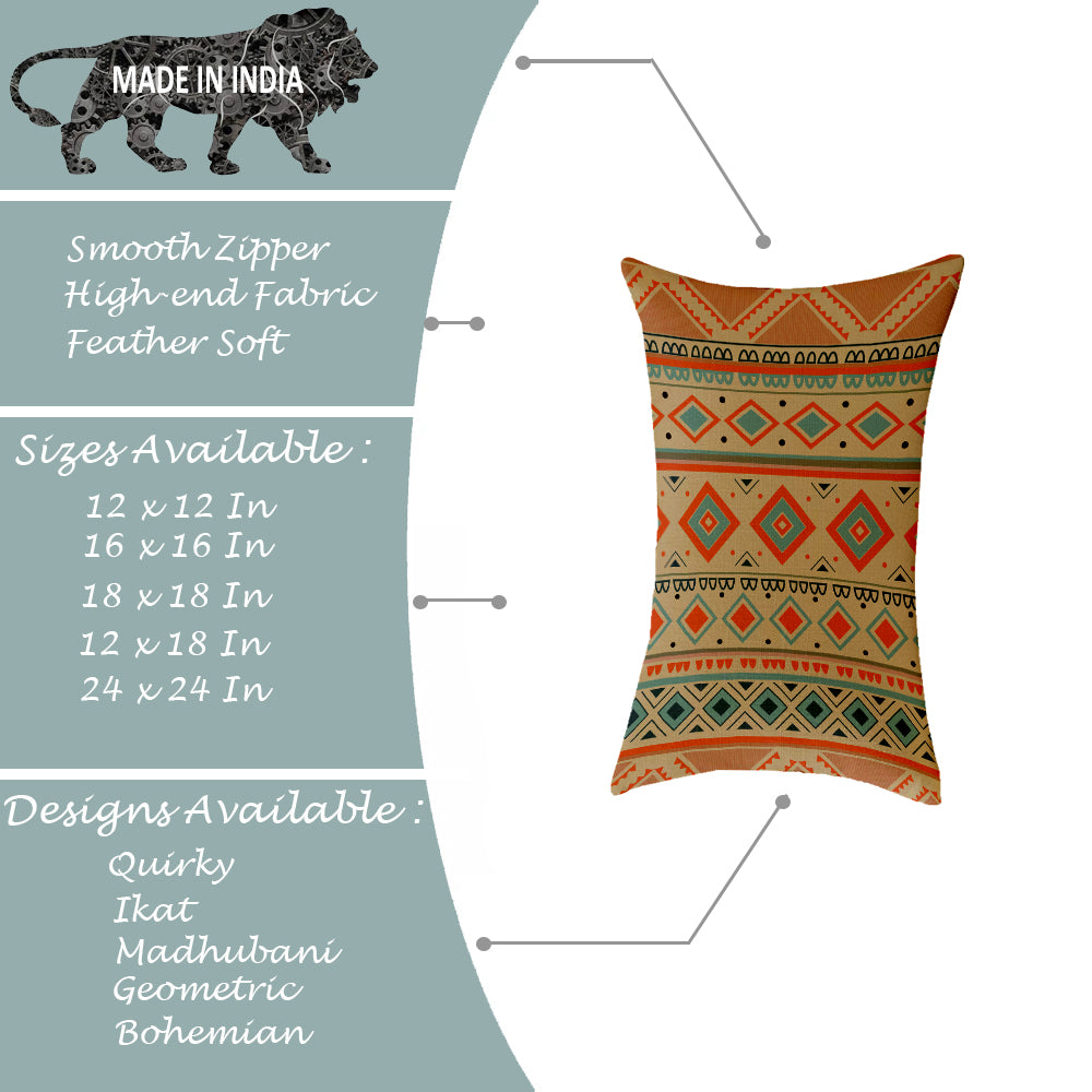 Ethnic Geometrical Printed Canvas Cotton Rectangular Cushion Covers, Set of 2