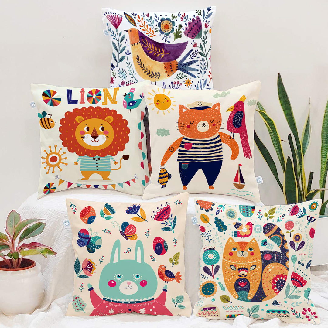 Animal Printed Cotton Canvas Decorative Cushion Cover , Set of 5