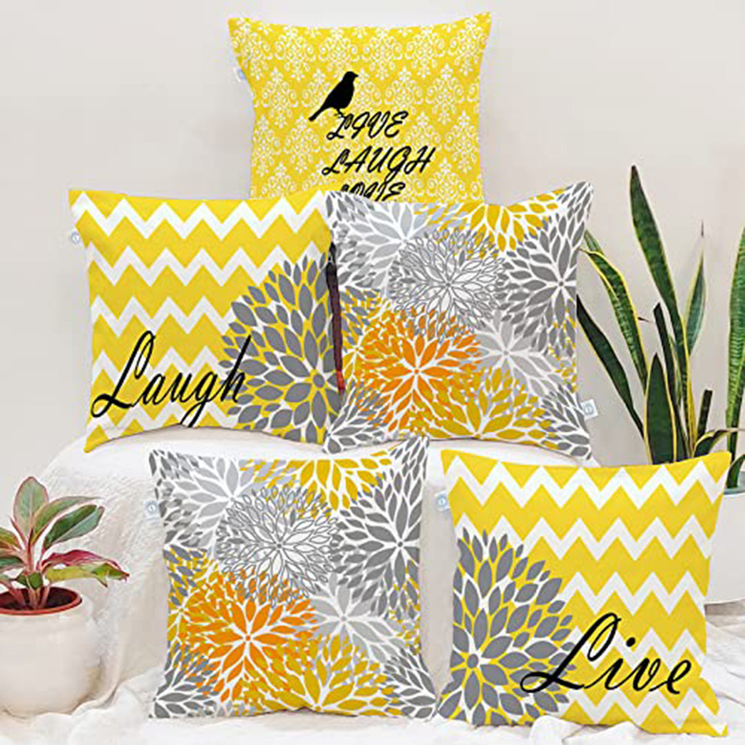 Yellow Bird Floral Printed Canvas Cotton Cushion Covers, Set of 5