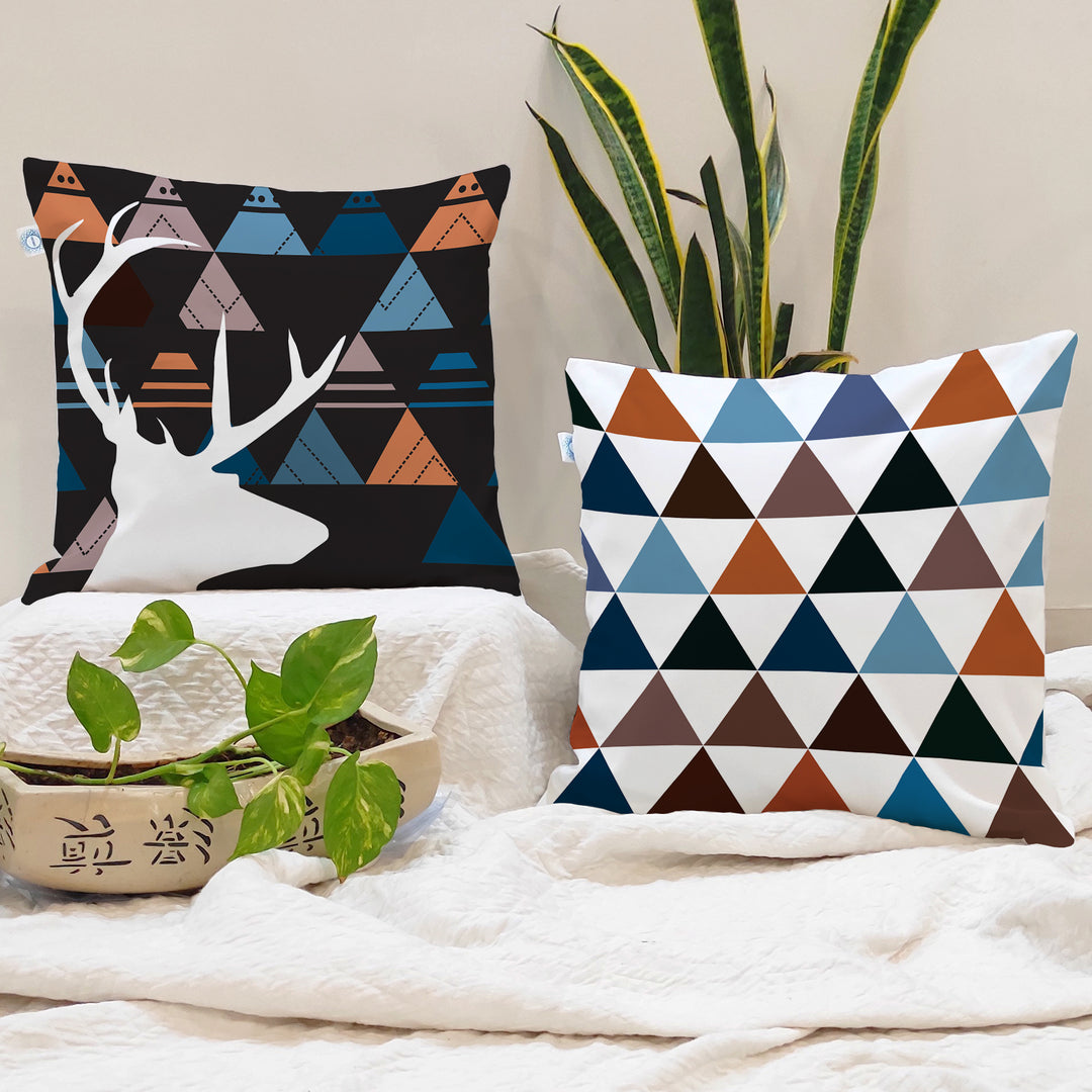 Geometrical Multi color Printed Canvas Cotton Cushion Covers, Set of 2 (24 x 24 Inches)