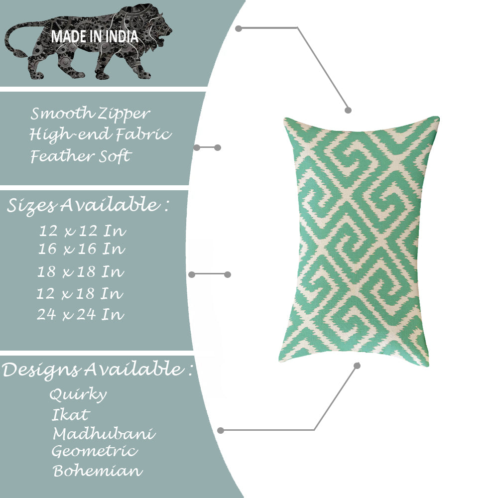 Teal Geometrical Ikat Ethnic Printed Cotton Canvas Rectangular Cushion Covers, Set of 2 (12 x 18 Inches)