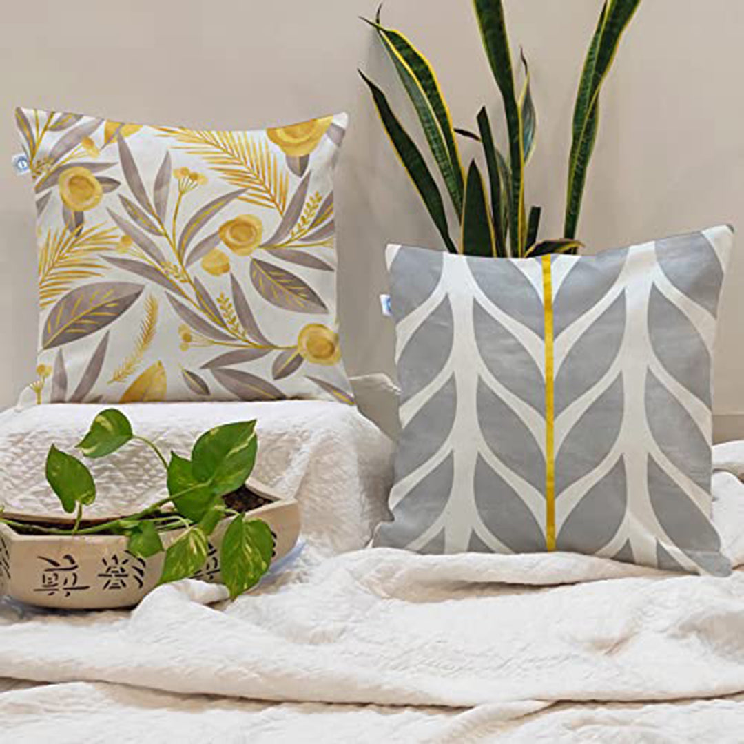 Yellow & Grey Floral Printed Canvas Cotton Cushion Covers, Set of 2