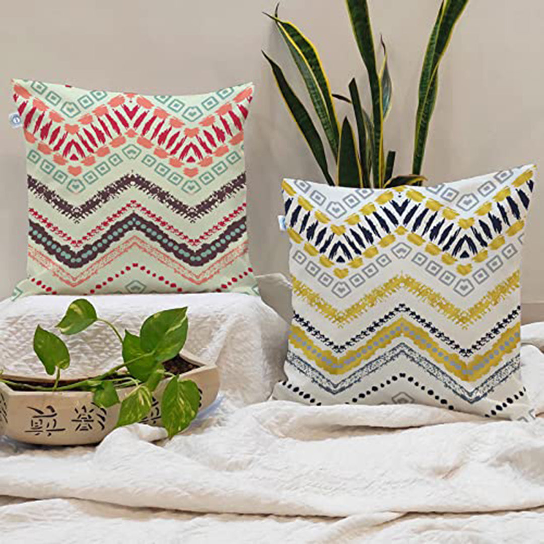 Yellow Geometrical Printed Canvas Cotton Cushion Covers, Set of 2