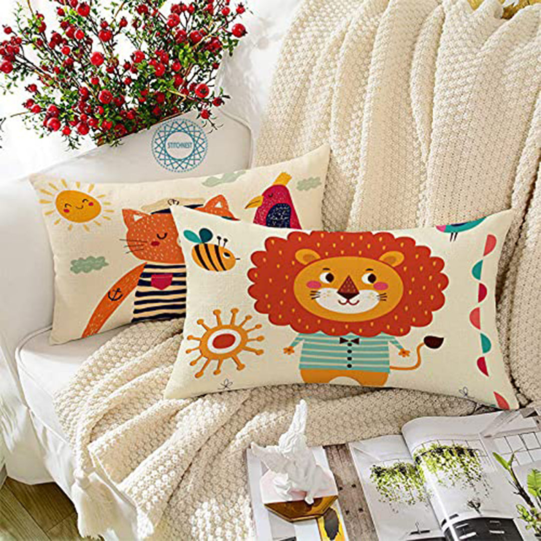 Animal Printed Rectangular Cotton Canvas Decorative Cushion Cover , Set of 2