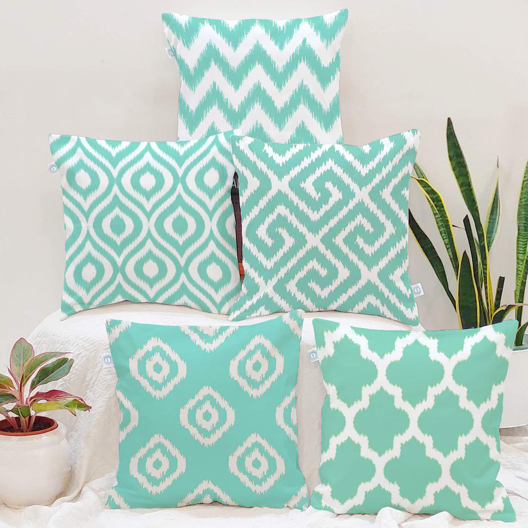 Teal Geometrical Ikat Ethnic Printed Cotton Canvas Cushion Covers, Set of 5
