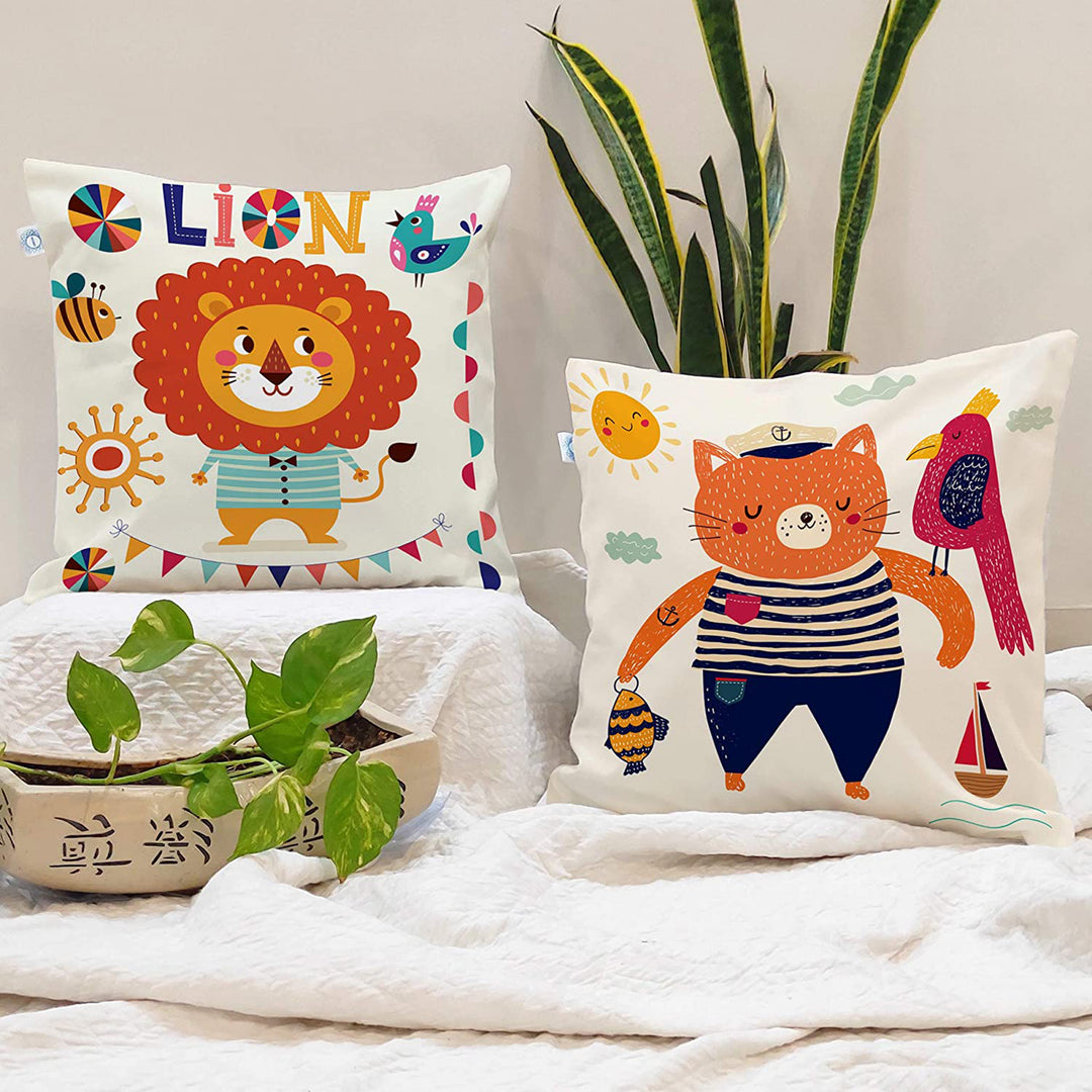 Animal Printed Cotton Canvas Decorative Cushion Cover , Set of 2