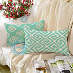 Load image into Gallery viewer, Teal Geometrical Ikat Ethnic Printed Cotton Canvas Rectangular Cushion Covers, Set of 2 (12 x 18 Inches)