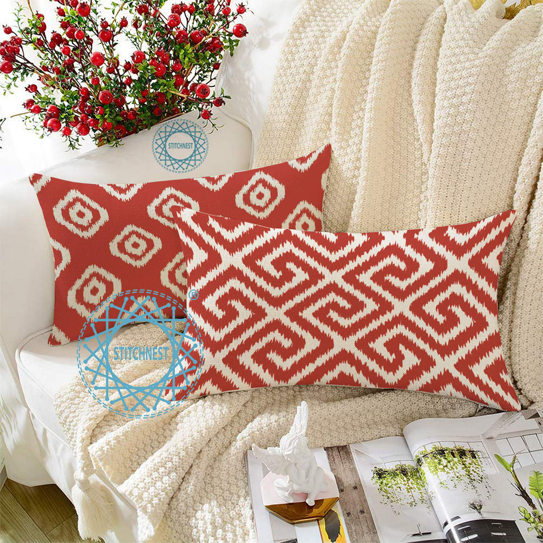 Red Geometrical Ikat Ethnic Printed Canvas Cotton Cushion Covers, Red Set of 2 (12 x 18 Inches)