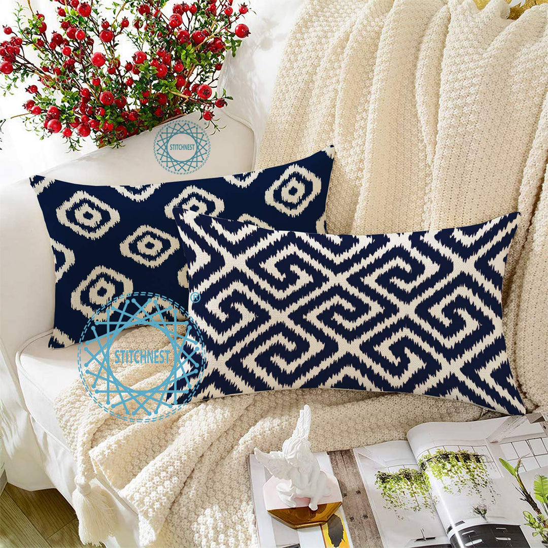 Ikat Blue Geometric Printed Cotton Canvas Rectangular Cushion Cover Pack of 2 ( 12 x 18 Inches )