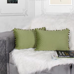 Load image into Gallery viewer, Both Side with PomPom Quilted Velvet Rectangular Cushion Cover (Set of 2), Mehndi