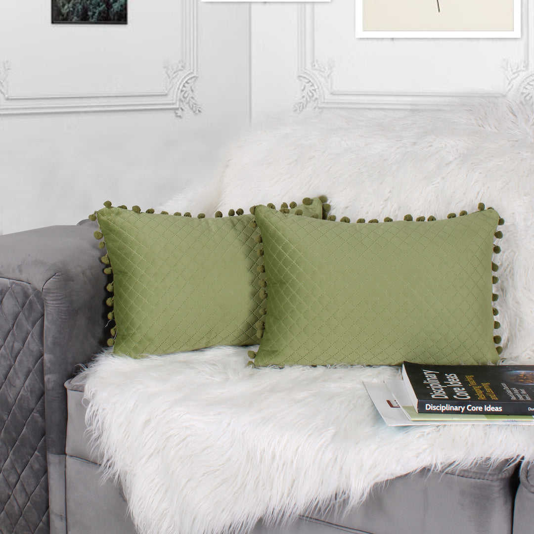 Both Side with PomPom Quilted Velvet Rectangular Cushion Cover (Set of 2), Mehndi