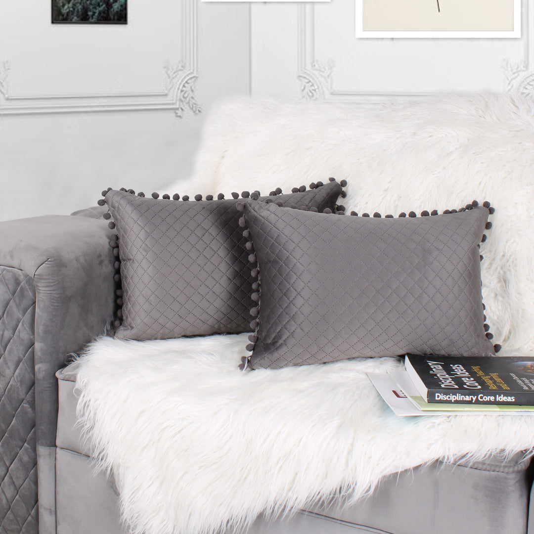 Both Side with PomPom Quilted Velvet Rectangular Cushion Cover (Set of 2), Grey