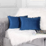 Load image into Gallery viewer, Both Side with PomPom Quilted Velvet Rectangular Cushion Cover (Set of 2), Blue