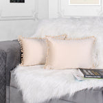 Load image into Gallery viewer, Velvet Cushion Covers Adorned With Pom Poms Rectangular Set of 2 ,Beige