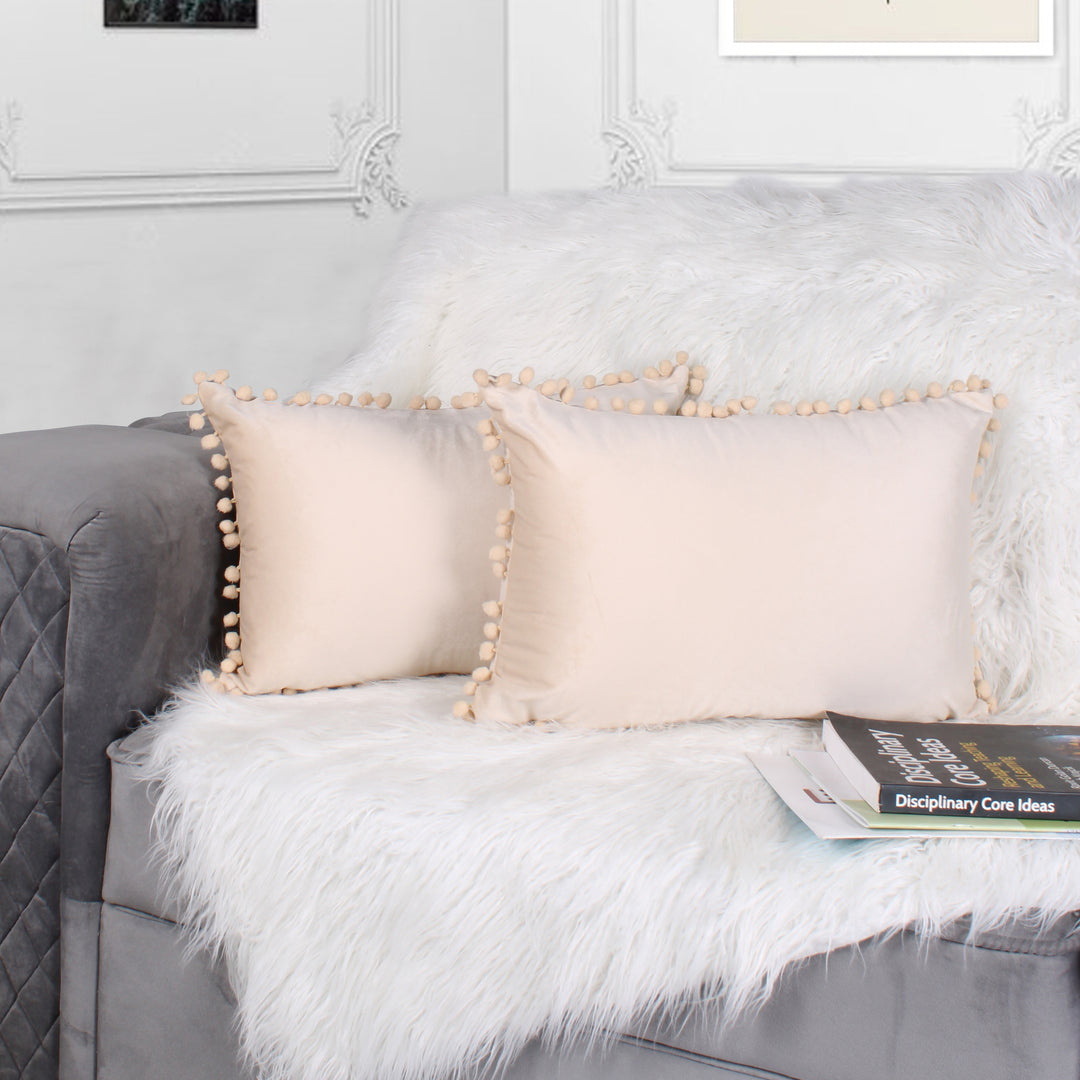 Velvet Cushion Covers Adorned With Pom Poms Rectangular Set of 2 ,Beige