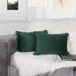 Load image into Gallery viewer, Velvet Cushion Covers Adorned With Pom Poms Rectangular Set of 2 ,Green
