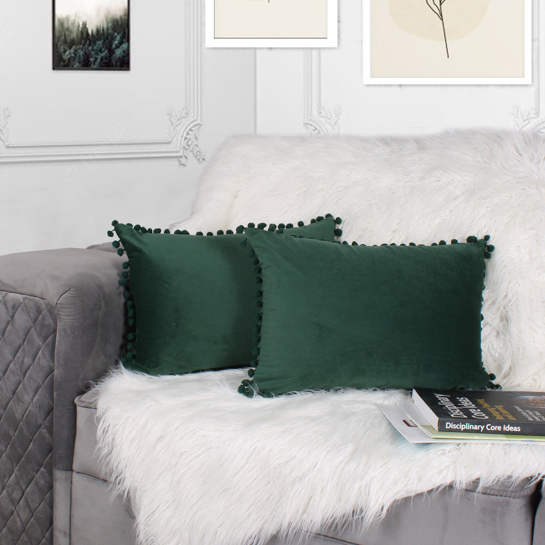 Velvet Cushion Covers Adorned With Pom Poms Rectangular Set of 2 ,Green