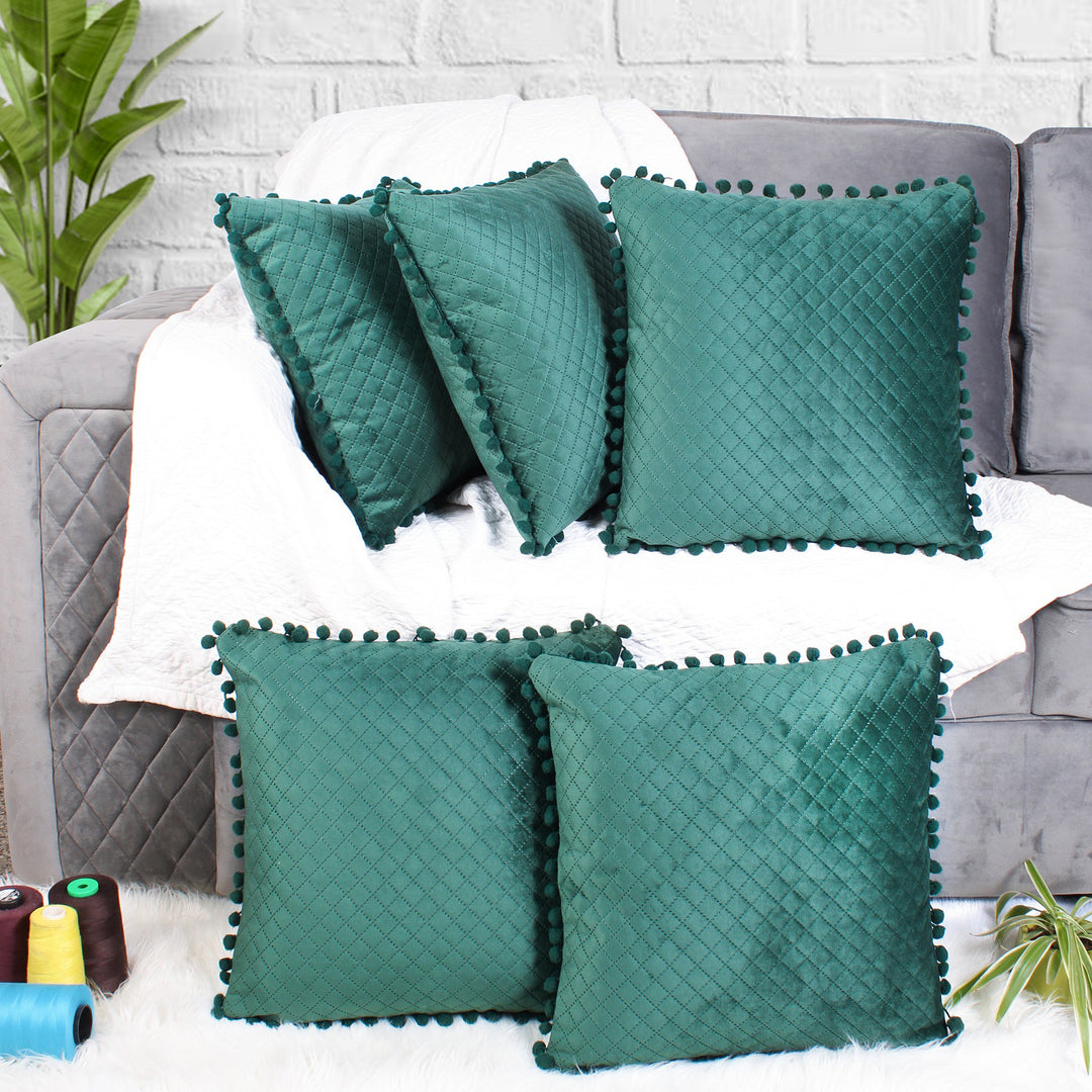 Both Side with PomPom Quilted Velvet Cushion Cover (Set of 2), Green
