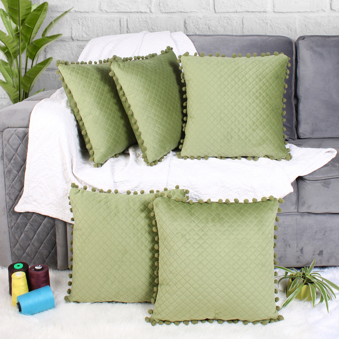 Both Side with PomPom Quilted Velvet Cushion Cover (Set of 5), Mehndi