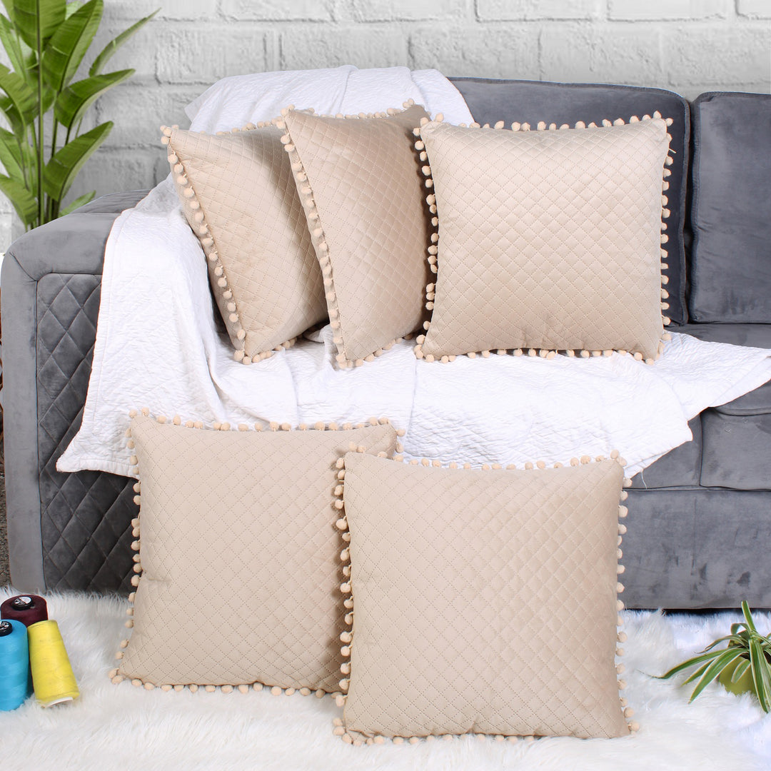 Both Side with PomPom Quilted Velvet Cushion Cover (Set of 5), Beige