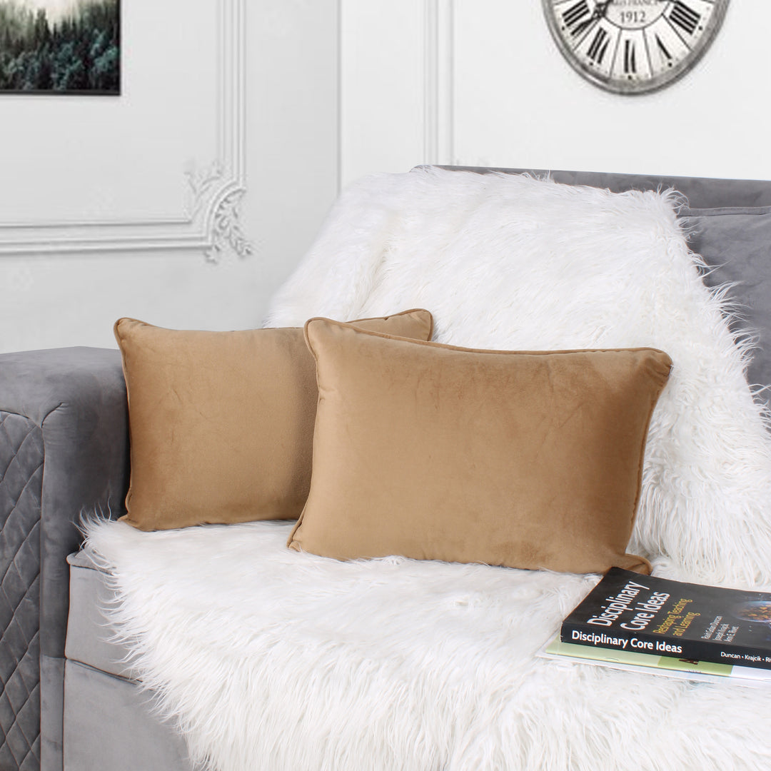 Velvet Cushion Cover With Piping - Perfect for Home Décor Rectangular Set of 2 ,Brown