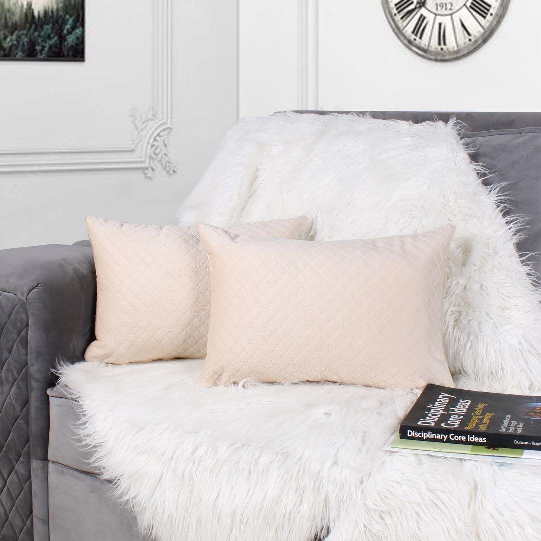 Both Side Quilted Velvet Rectangular Cushion Cover (Set of 2), Beige