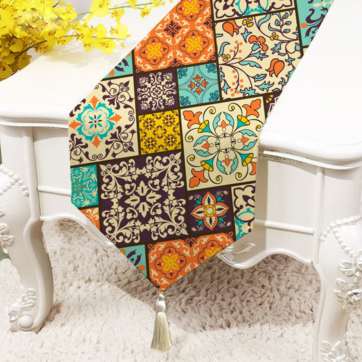 Geometric Cotton Canvas Table Runner With Tassel STITCHNEST