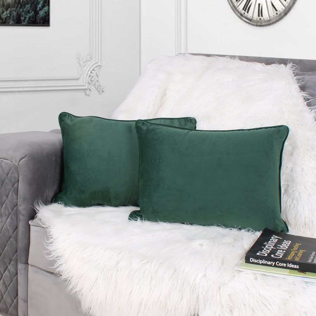 Velvet Cushion Cover with Piping - Perfect for Home Décor Rectangular Set of 2 ,Green
