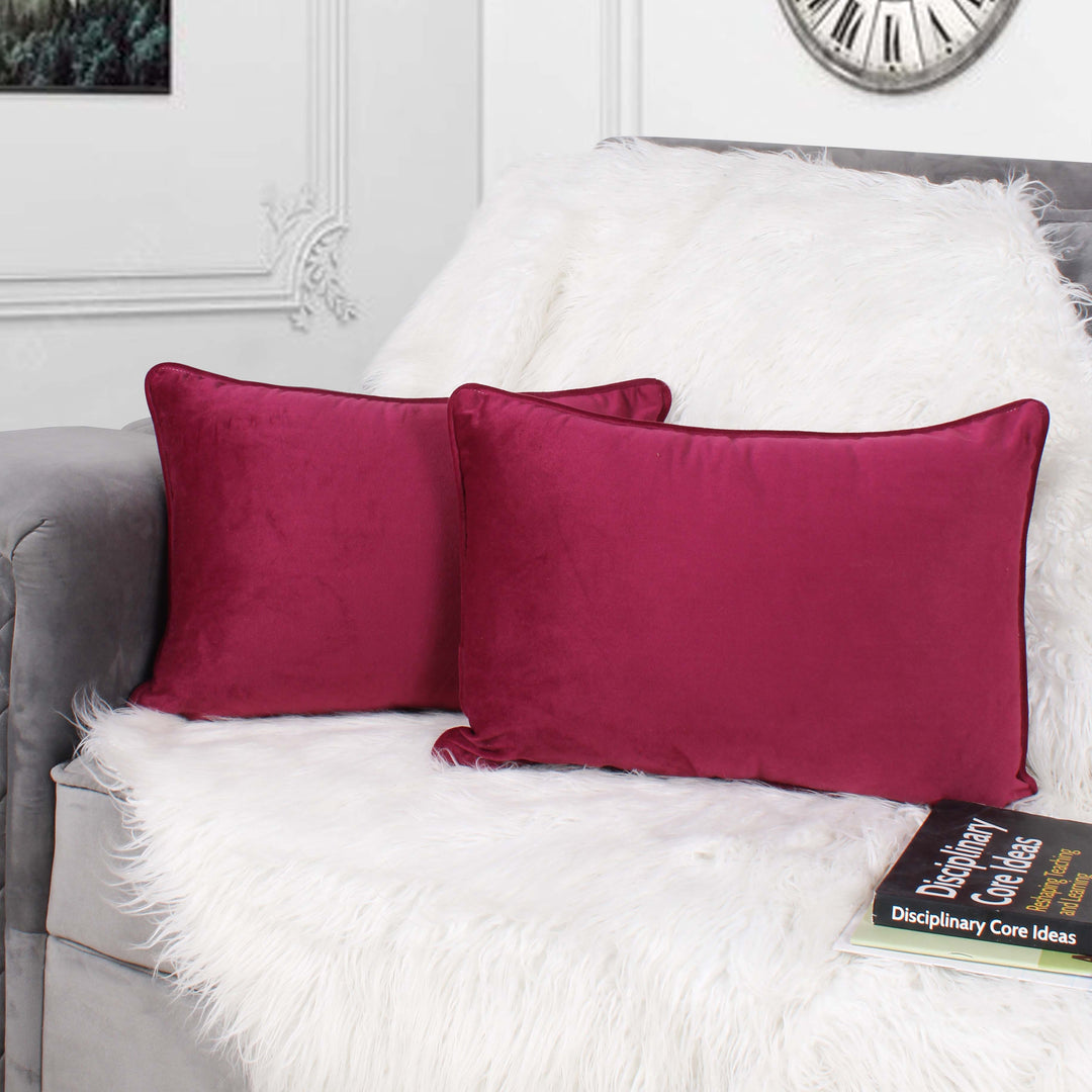 Velvet Cushion Cover With Piping - Perfect for Home Décor Rectangular Set of 2 ,Maroon