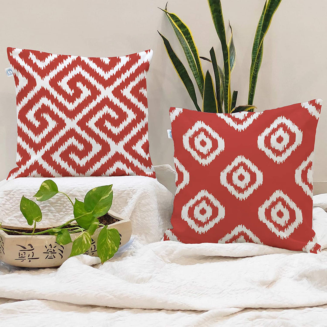 Red Geometrical Ikat Ethnic Printed Canvas Cotton Cushion Covers, Red Set of 2 (24 x 24 Inches)