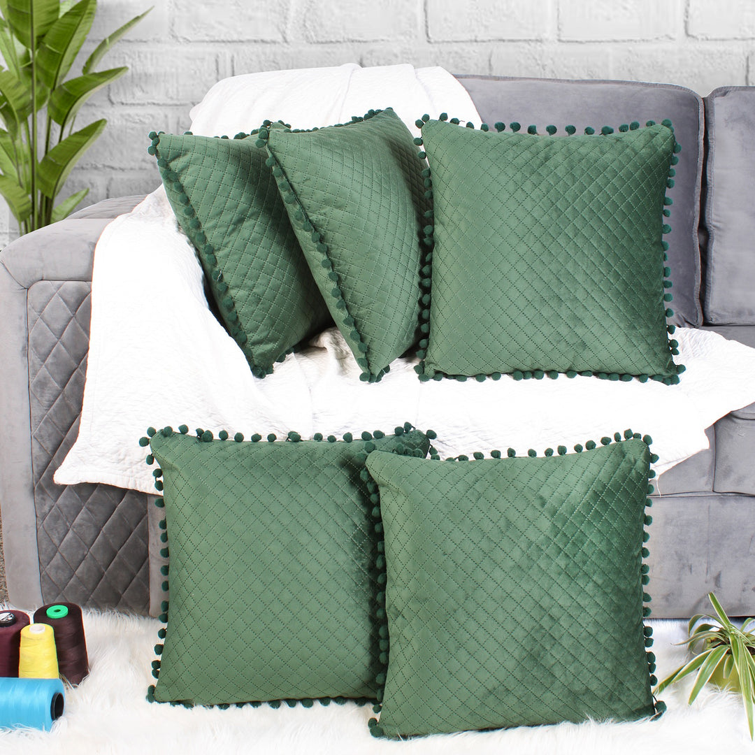 Both Side with PomPom Quilted Velvet Cushion Cover (Set of 5), Green