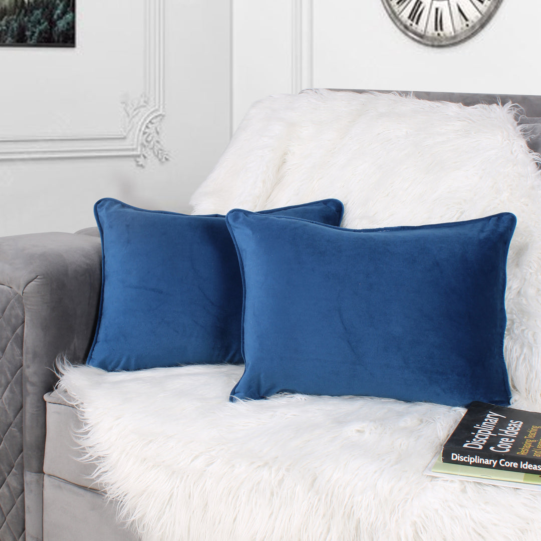 Velvet Cushion Cover With Piping - Perfect for Home Décor Rectangular (Set of 2), Blue