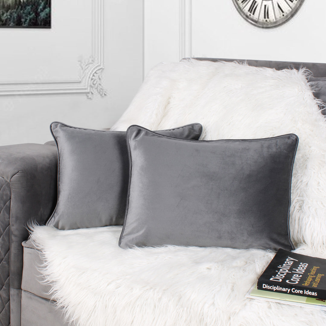 Velvet Cushion Cover With Piping - Perfect for Home Décor Rectangular (Set of 2), Grey