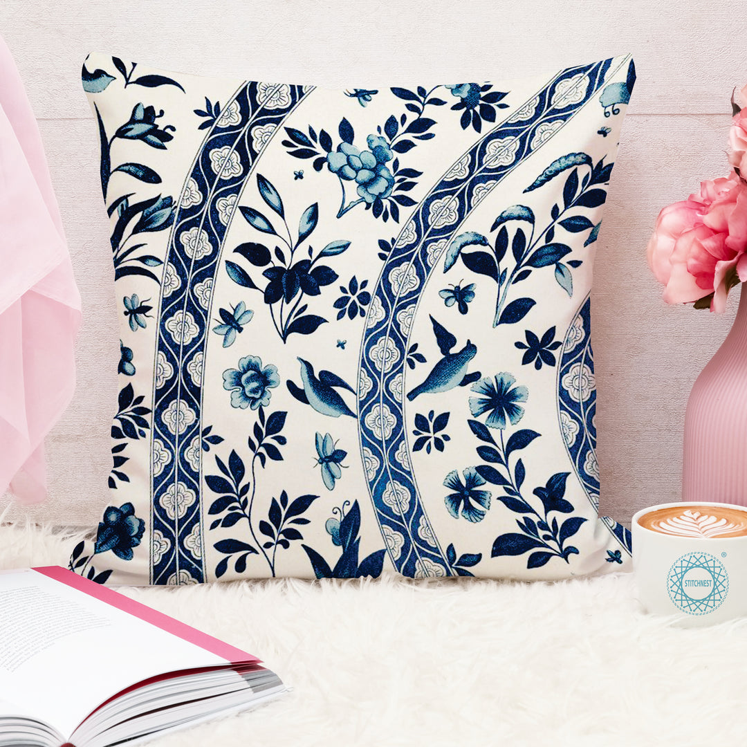 Ethnic Blue Printed Canvas Cotton Cushion Covers, Set of 5