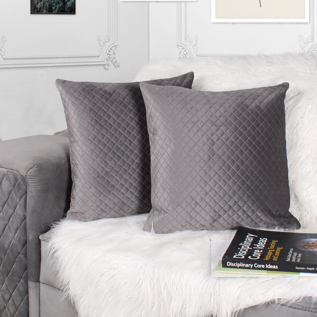 Both Side Quilted Velvet Cushion Cover (Set of 2), Grey