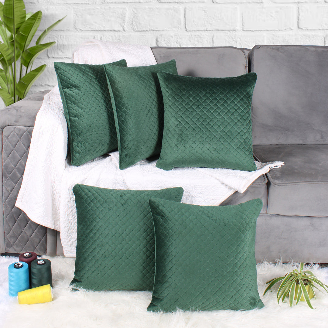 Both Side Quilted Velvet Cushion Cover (Set of 5), Green